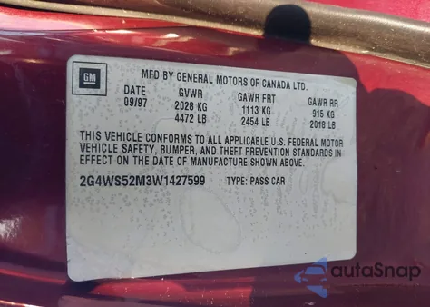 1998 Buick Century Custom из США, поврежденный, VIN 2G4WS52M3W1427599